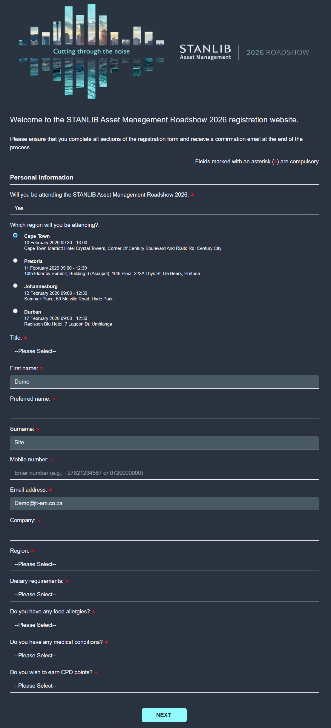Stanlib event registration form built and managed by EventRSVP